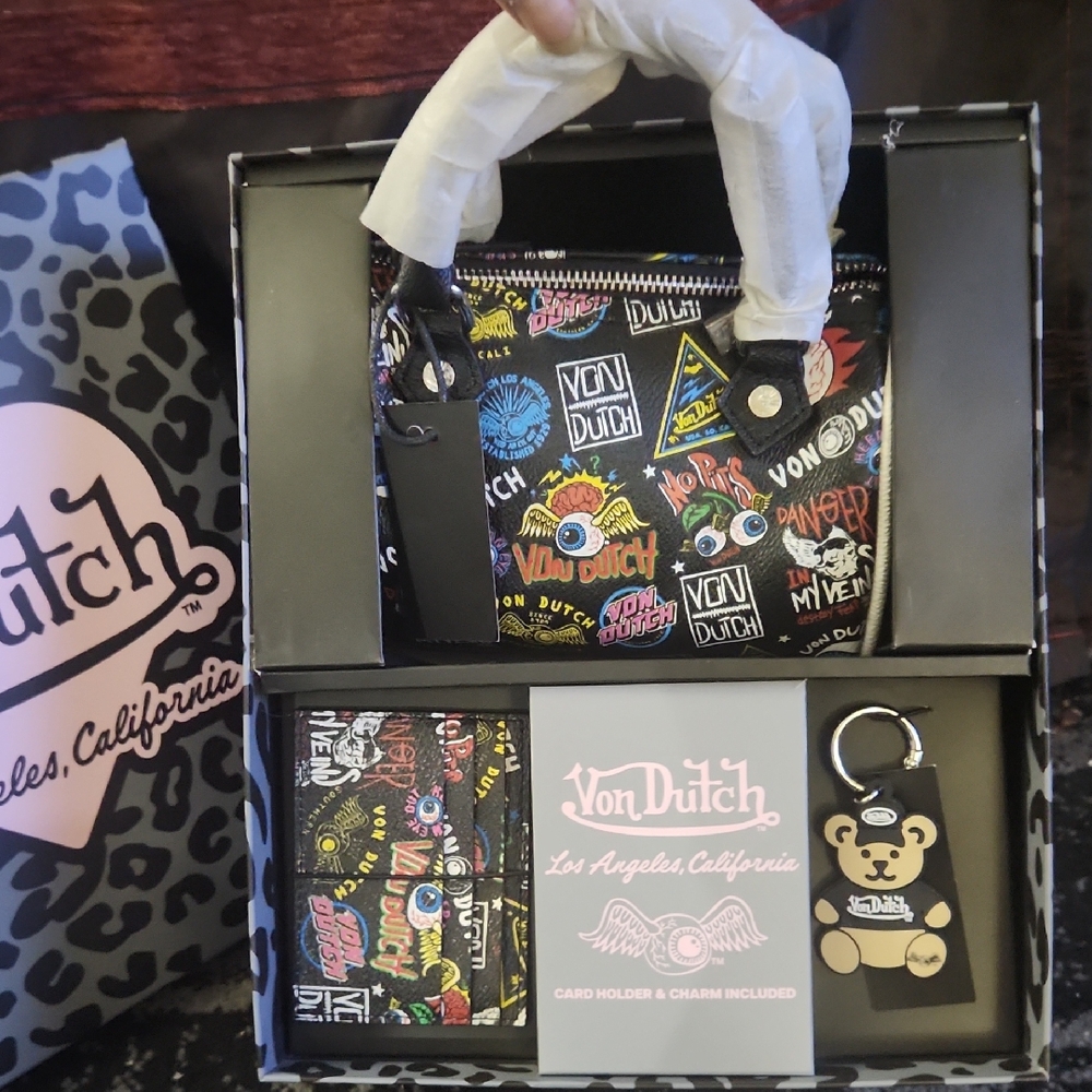 Von Dutch Mini Bag hand & strapCard Holder Key Chain w/ Multicolor Logo Graphics